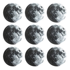 Nine full moons displayed in a 3x3 grid on a black backdrop
