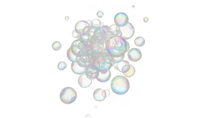 A cluster of iridescent soap bubbles floating in the air isolated on transparent background