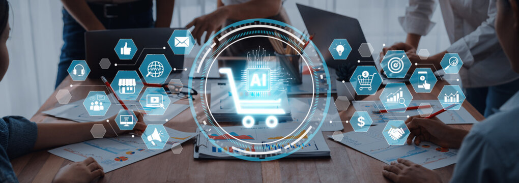 A group of professionals collaborates in a business meeting, exploring the integration of artificial intelligence in e-commerce, facilitated by technology icons. Trope