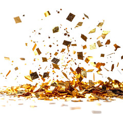 Golden confetti explodes upwards from a pile against a dark background