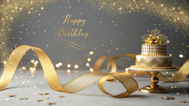 Elegant golden birthday cake sparkles with celebratory ribbon and bokeh lights, perfect for luxurious celebrations and special occasions.