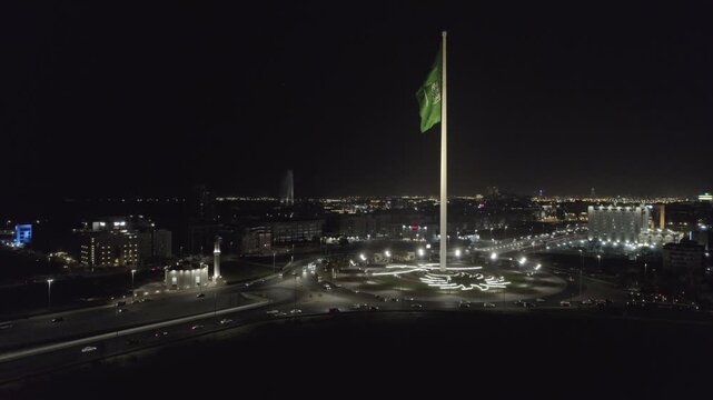 Saudi Arabia National Flag Waving In Jeddah seen by drone  , 3 Oc. 24