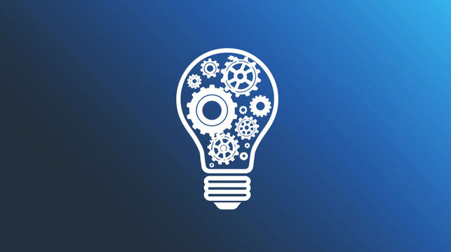 Light bulb filled with gears on blue background, creative innovation concept, mechanical idea symbol for technology, engineering, and smart thinking visuals