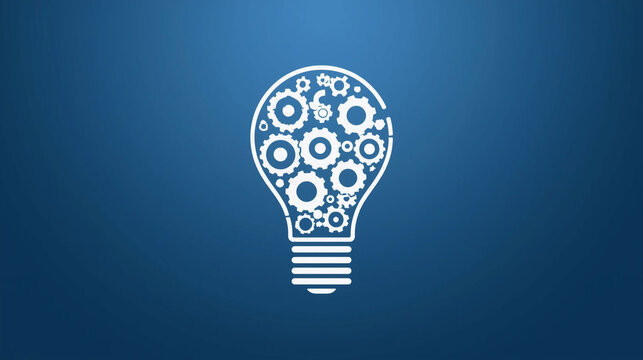 Light bulb filled with gears on blue background, creative innovation concept, mechanical idea symbol for technology, engineering, and smart thinking visuals