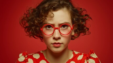 A quirky teenager with wide brown eyes and a shocked look on her face. Red eyeglasses. Curly brown hair. Polka dot dress. Red sleeves. Humorous, funny expression