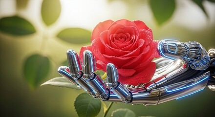 Robotic Hand Gently Holds Red Rose with Dew