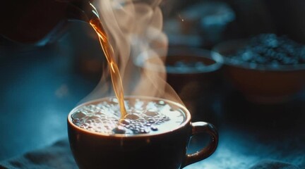 Pouring rich, steaming coffee into a rustic mug creates a cozy atmosphere perfect for relaxation and enjoying a moment of calm in your busy day