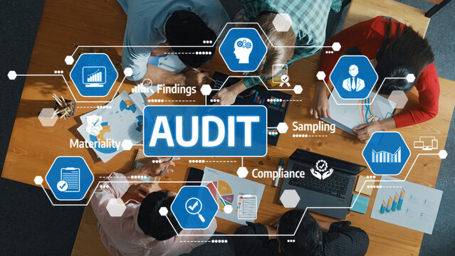 Collaborative Team in a Business Meeting Analyzing Audit Findings with Graphs and Visuals for Sampling and Compliance in a Cozy Office Environment. Amity
