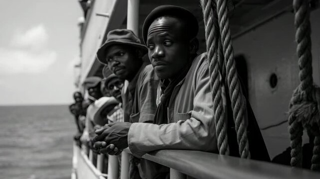 Group of men on ship looking out to sea, Windrush generation, historical black and white photo, maritime journey, migration voyage, vintage transportation, ocean travel, thoughtful expression