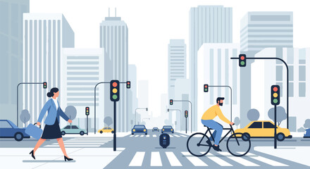 Flat vector illustration of people walking and biking through busy downtown streets surrounded by tall buildings. Solid tones, clean minimal design, no gradients, modern city life © meeblues
