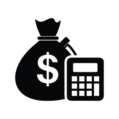 Money Bag with Calculator silhouette vector icon, flat design