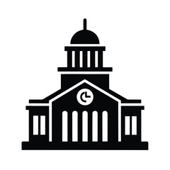 Official Building with Clock Face silhouette vector icon, flat design