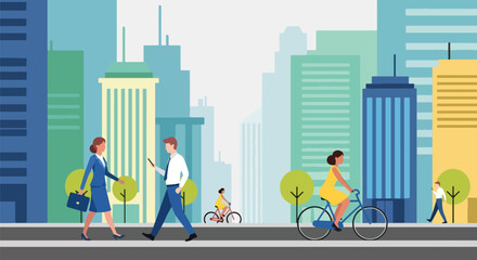 Flat vector illustration of people walking and biking through busy downtown streets surrounded by tall buildings. Solid tones, clean minimal design, no gradients, modern city life