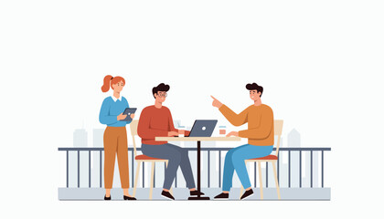 Flat vector illustration of business colleagues meeting in modern city cafe with skyline view. Solid warm tones, minimal clean shapes, no gradients, professional urban lifestyle