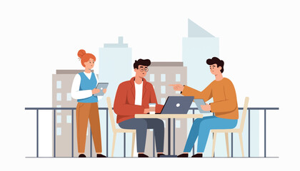 Flat vector illustration of business colleagues meeting in modern city cafe with skyline view. Solid warm tones, minimal clean shapes, no gradients, professional urban lifestyle