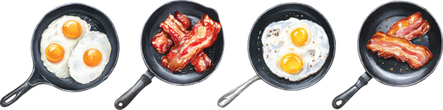 Fried eggs and crispy bacon in skillet frying pans, breakfast meal watercolor set isolated on transparent background