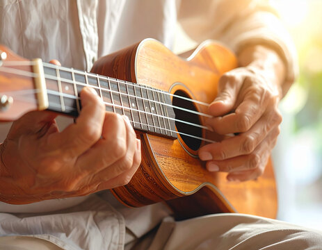Senior man playing ukulele enjoying music hobby