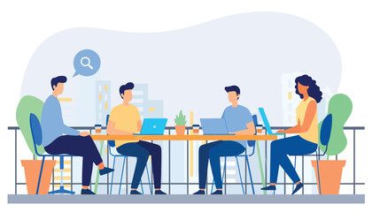 Flat vector illustration of business colleagues meeting in modern city cafe with skyline view. Solid warm tones, minimal clean shapes, no gradients, professional urban lifestyle