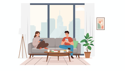 Flat vector illustration of young couple relaxing in modern apartment with skyline window view. Solid calm palette, clean layout, no gradients, cozy urban home life concept