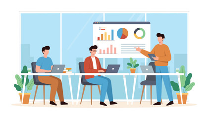 Flat vector illustration of people using laptops in shared co-working office. Solid tones, modern geometric furniture, clean perspective, no gradients, digital business lifestyle