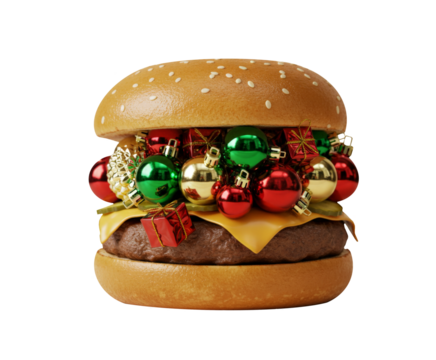 Creative Christmas burger filled with festive ornaments isolated on white background