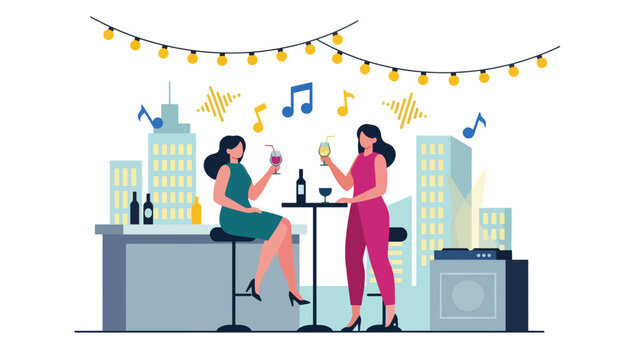 Flat vector illustration of people enjoying rooftop bar under city lights. Solid dark palette, bright highlights, no gradients, elegant nightlife illustration, modern urban vibe