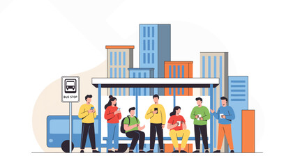 Flat vector illustration of people waiting for bus at city stop with skyscrapers behind. Solid bright palette, clean modern design, no gradients, transportation and daily life