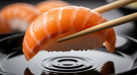 Delicious fresh salmon nigiri sushi held by elegant chopsticks, ready to be dipped into rippling soy sauce, capturing a gourmet Japanese dining experience.