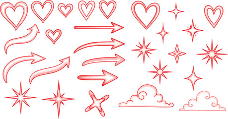 Red outline hearts arrows stars clouds decorative vector elements set for cute romantic graphic design