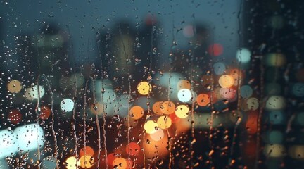 Rainy city nights bring a cozy, introspective mood perfect for contemplation or creative projects during a peaceful evening inside, warm ambiance