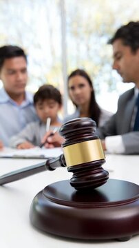 Judge gavel on table, family meeting with lawyer in background, legal consultation, custody case, family law, court decision, legal advice, justice system, parental rights, child support