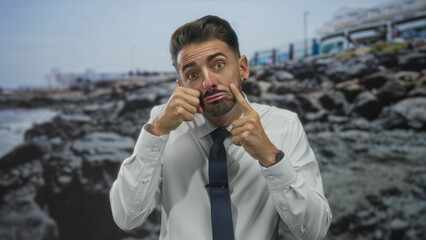 Man in white dress shirt and navy tie points finger at lip on rocky beach with seaside rocks...