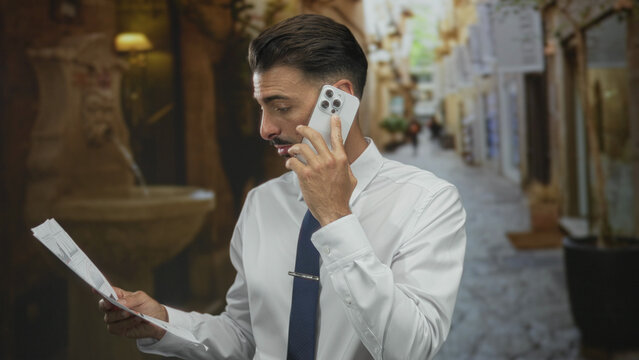 Finely dressed young man adjusts tie and holds phone to ear while reading printed business charts in street; focus.