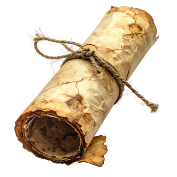 Aged scroll rolled paper tied with string, worn texture