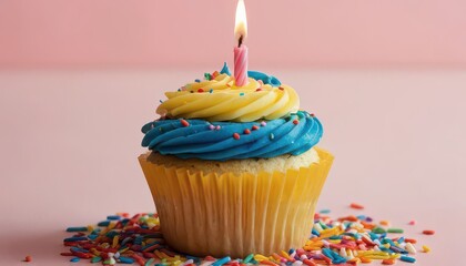 Celebrate life's sweet moments with a vibrant cupcake topped with festive frosting and a glowing birthday candle
