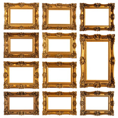 Gold ornate picture frames arranged in square pattern on black background