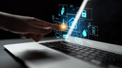 Concept of a smart home and the Internet of Things (IoT). A central system controls home automation features like security, lighting, and climate for modern, convenient living. Fermion