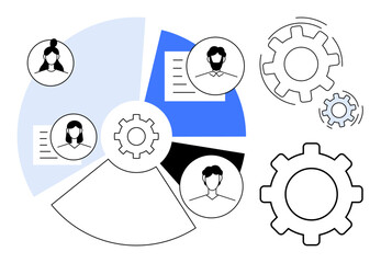 Fototapeta premium Gears and pie chart highlight collaboration, process optimization, and teamwork. Profiles show team involvement and data sharing. Ideal for business, teamwork, processes, operations, strategy