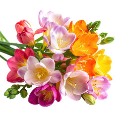 Vivid bouquet of freesias blooms with colorful petals on a dark background