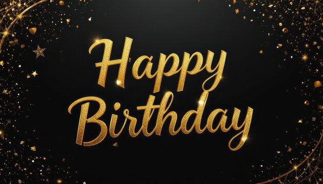 Celebrate with dazzling golden 'Happy Birthday' text surrounded by sparkling confetti and festive lights for an elegant, joyous occasion