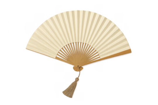 Japanese folding hand fan with tassel on transparent background