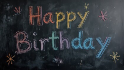 Vibrant chalk lettering spells Happy Birthday with festive doodles on a textured blackboard, perfect for celebratory invitations and designs.