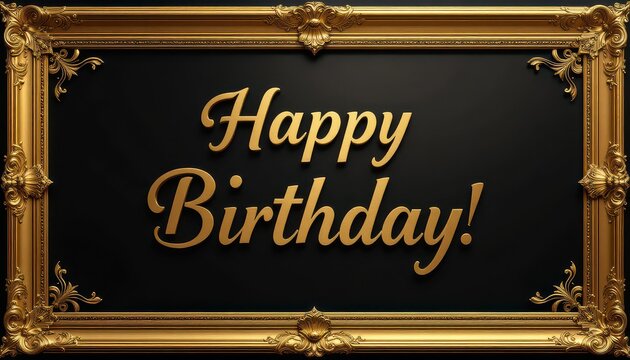 Elegant golden 'Happy Birthday' message within a luxurious ornate frame, perfect for celebratory designs and special occasions.