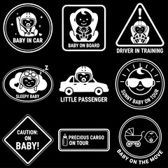 Cute Baby in Car / On Board / On Tour Vector Icon Pack