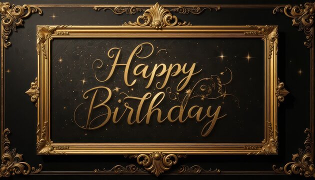 Elegant golden 'Happy Birthday' message on a dark, starry background within an ornate vintage frame, perfect for celebratory invitations and designs.