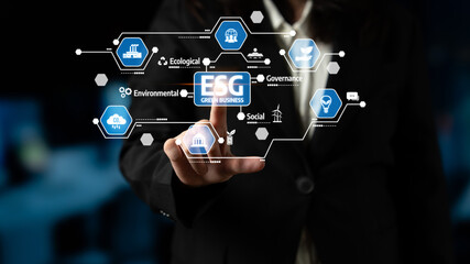 A professional engages with digital icons representing ESG concepts, emphasizing the importance of ecological, environmental, governance, and social aspects in business practices. Tessel