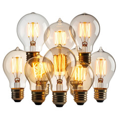 Cluster of glowing, vintage-style light bulbs on a dark background
