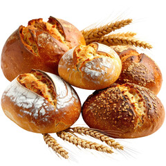Assorted breads piled high with wheat stalks. Golden baked goods