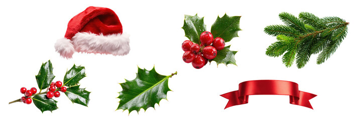 Obraz premium set of christmas decoration with holly leaf, holly berry, fir tree branch, gift ribbon banner and santa claus hat isolated on white or transparent png