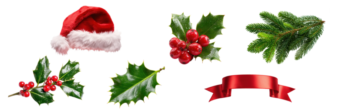 set of christmas decoration with holly leaf, holly berry, fir tree branch, gift ribbon banner and santa claus hat isolated on white or transparent png - Powered by Adobe